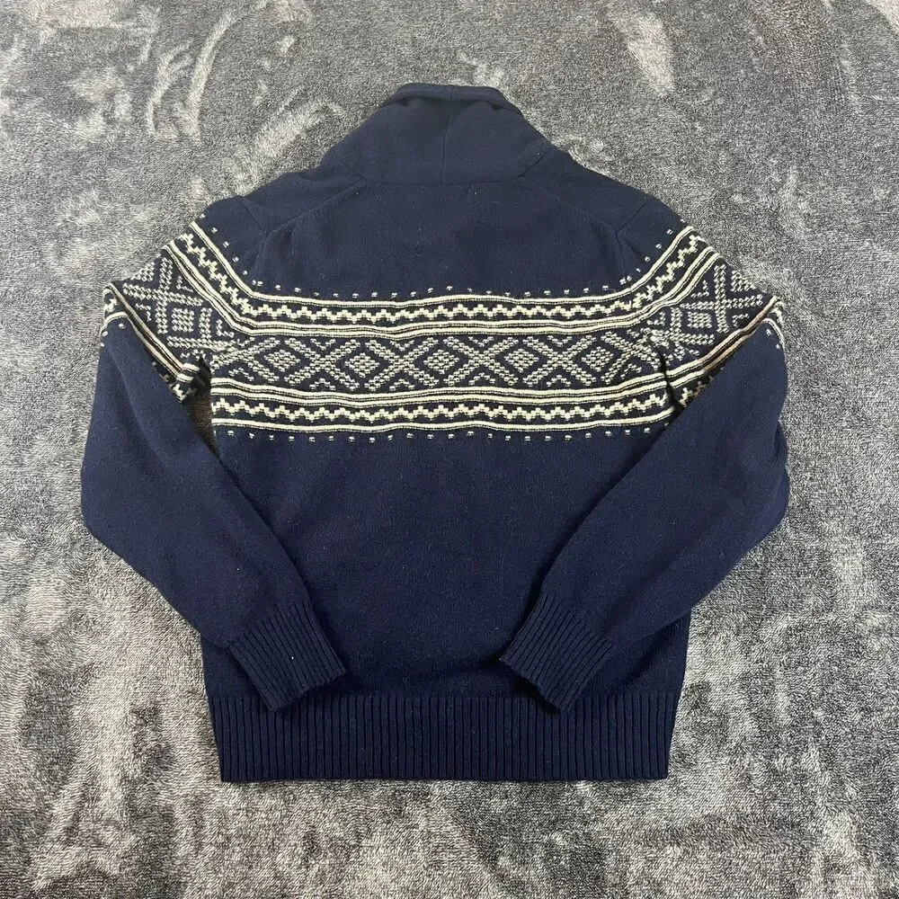 J. Crew 100% Lambswool Collared Cardigan Navy Blue Fair Isle Men's M Fisherman